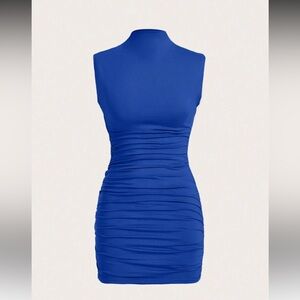 SHEIN Blue Ruched Mock Neck Bodycon Mini Dress
